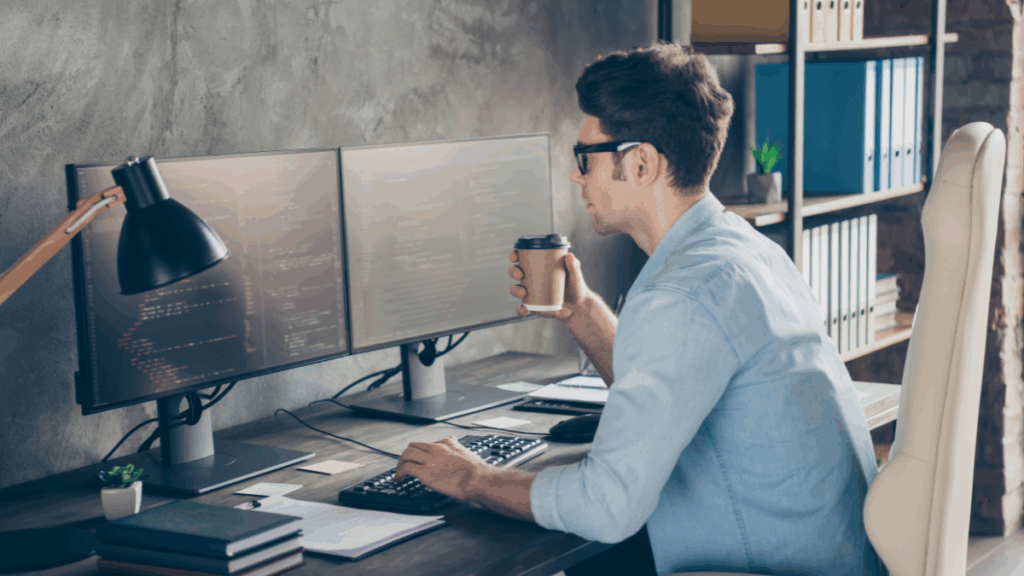 homem trabalhando em duas telas de workstation representando um dos tipos de computador
